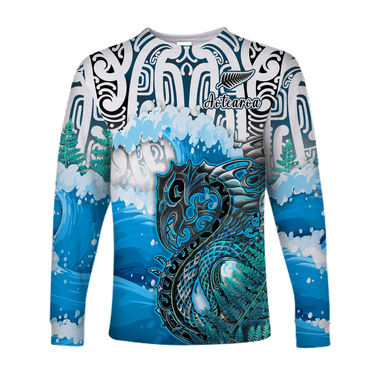 Custom Personalised Manaia Maori Long Sleeve Shirt Fern Aotearoa Blue Waves LT13 - Wonder Print Shop