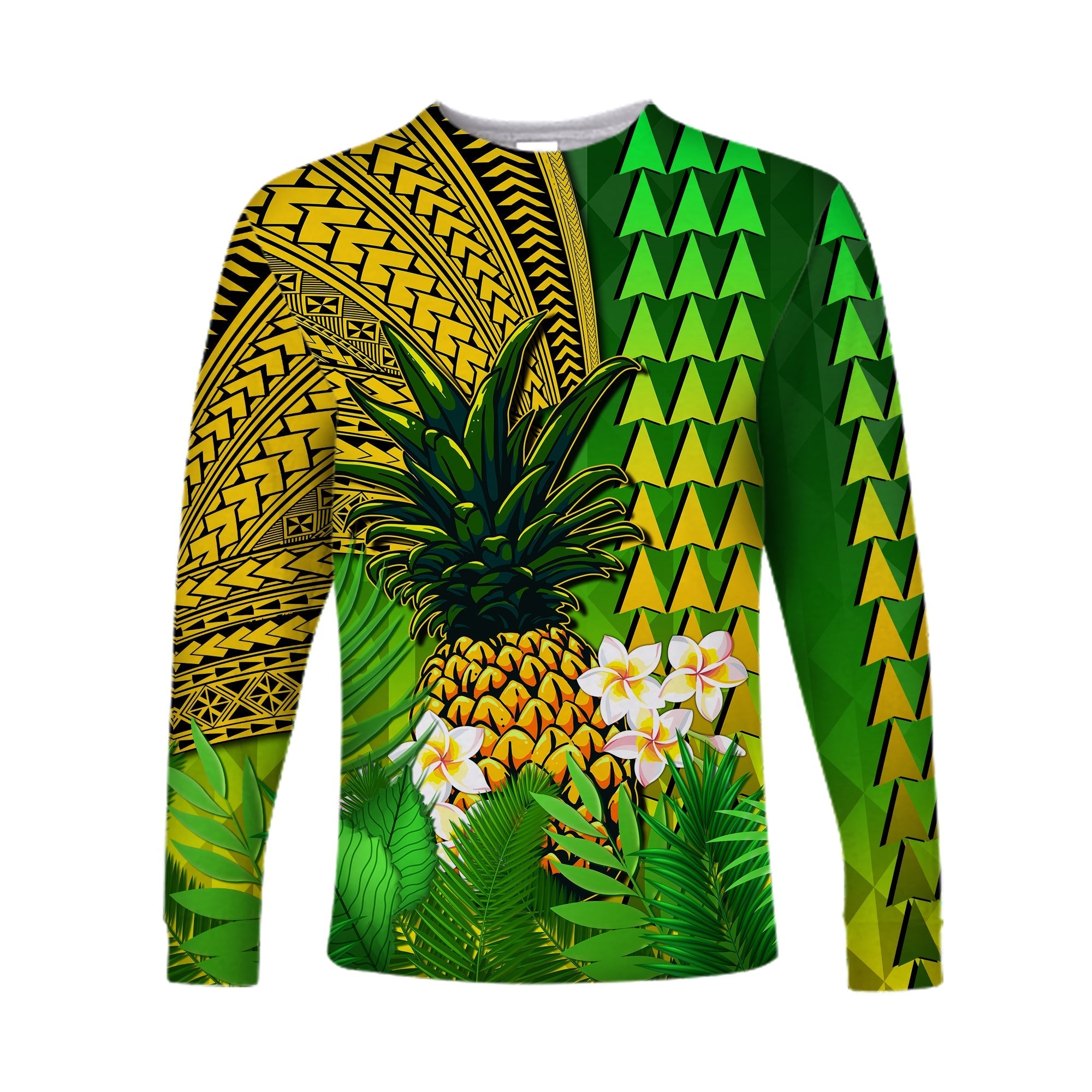 Hawaii Pineapple Long Sleeve Shirt Plumeria Frangipani Mix Tribal Pattern LT13 - Wonder Print Shop