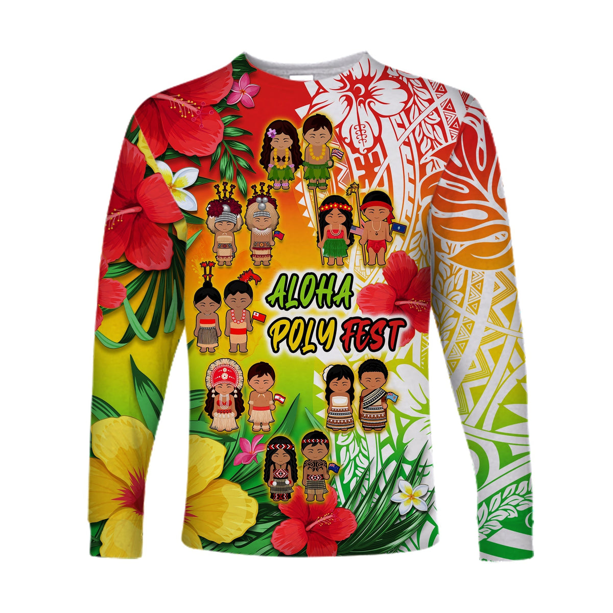 Custom Personalised Aloha Poly Fest Long Sleeve Shirt Polynesian Pattern With Tropical Flowers - Wonder Print Shop
