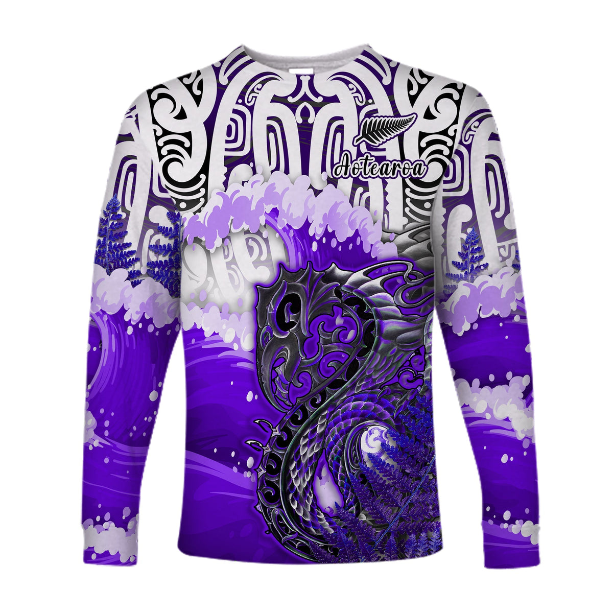 Custom Personalised Manaia Maori Long Sleeve Shirt Fern Aotearoa Purple Waves LT13 - Wonder Print Shop