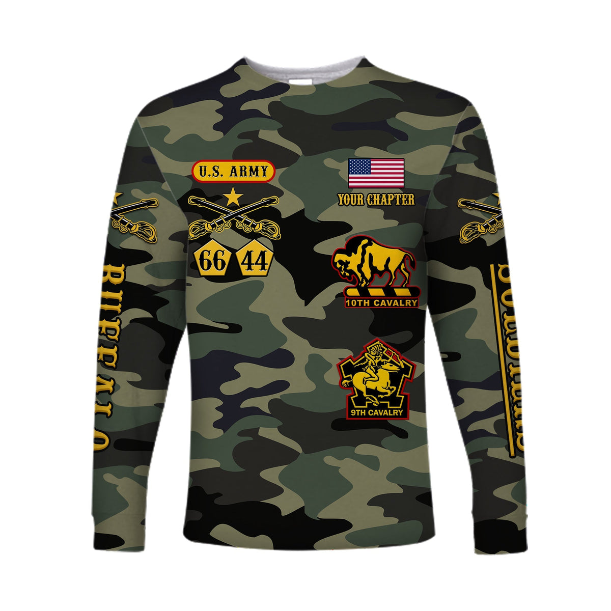(Custom Text and Chapter) Buffalo Soldiers Long Sleeve Shirt Camouflage American Heroes BSMC LT13 - Wonder Print Shop