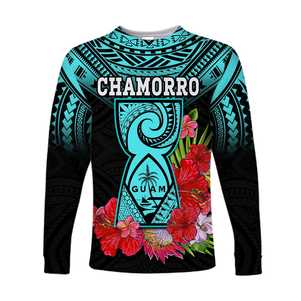 Custom Personalised Guam Chamorro Long Sleeve Shirt Guaman Latte Stone Tropical Flowers Turquoise Style - Wonder Print Shop