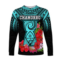Custom Personalised Guam Chamorro Long Sleeve Shirt Guaman Latte Stone Tropical Flowers Turquoise Style - Wonder Print Shop