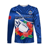 (Custom Text And Number) Samoa Rugby Long Sleeve Shirt Manu Samoa Polynesian Hibiscus Blue Style - Wonder Print Shop