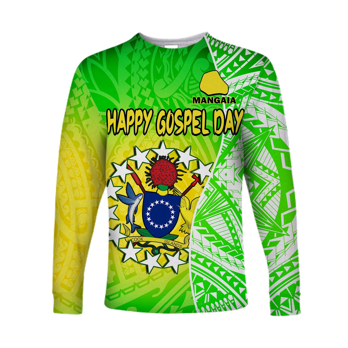 Happy Mangaia Gospel Day Long Sleeve Shirt Cook Islands Coat of Arms Polynesian Pattern - Wonder Print Shop