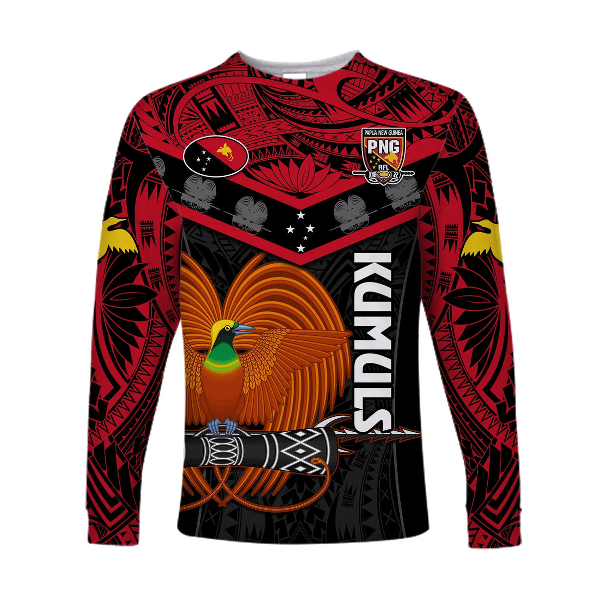 Custom Text And Number Papua New Guinea Rugby Long Sleeve Shirt PNG Kumuls Bird Of Paradise Black - Wonder Print Shop