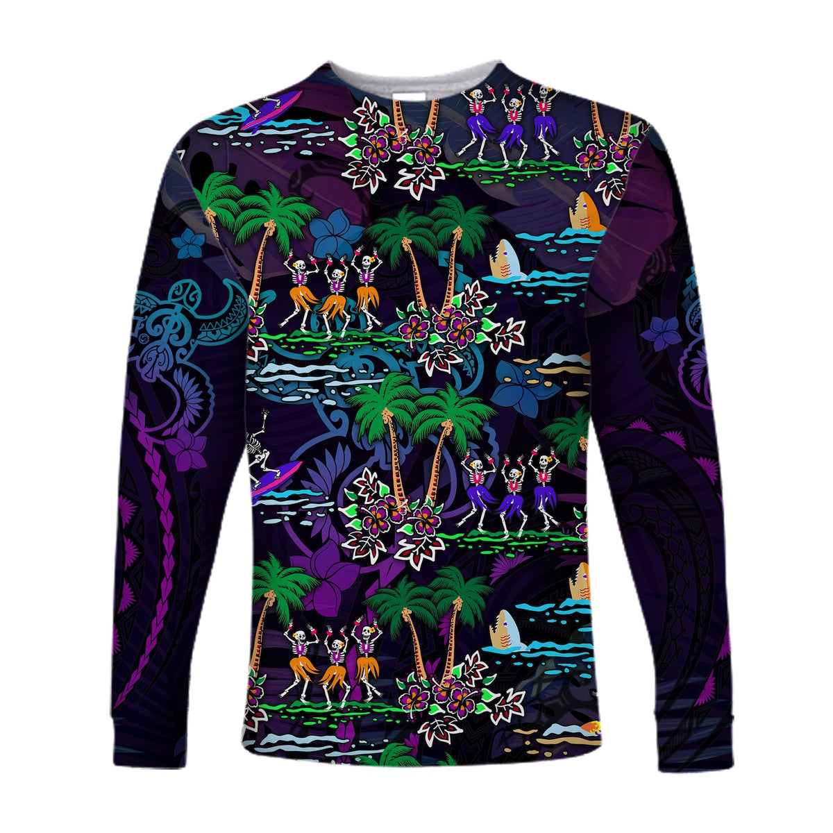 Custom Personalised Hawaii Skeleton Dancing Long Sleeve Shirt Halloween Hawaiian Turtle LT13 - Wonder Print Shop