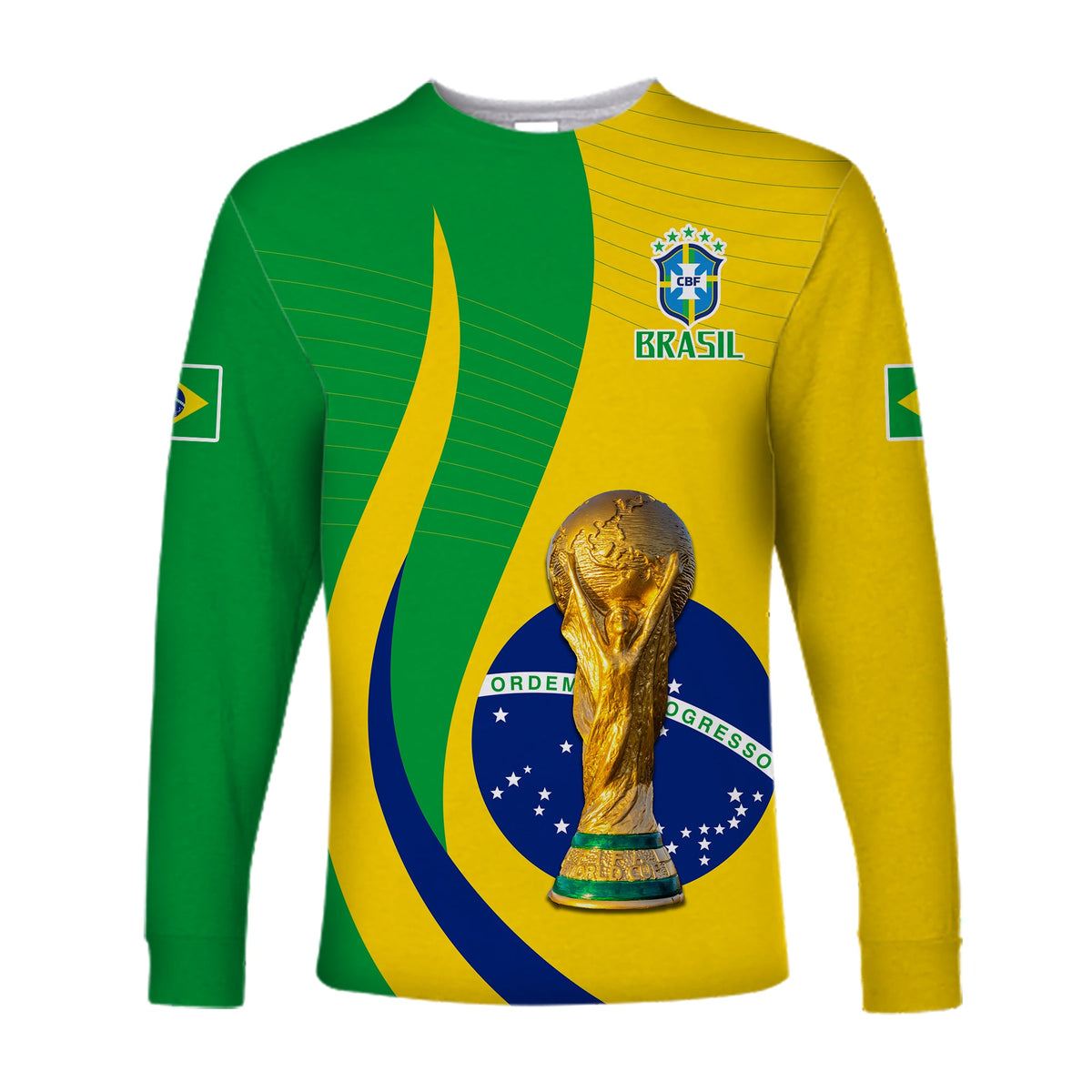 Brazil football long-sleeve shirt, green and yellow, BRASIL logo and golden trophy graphic