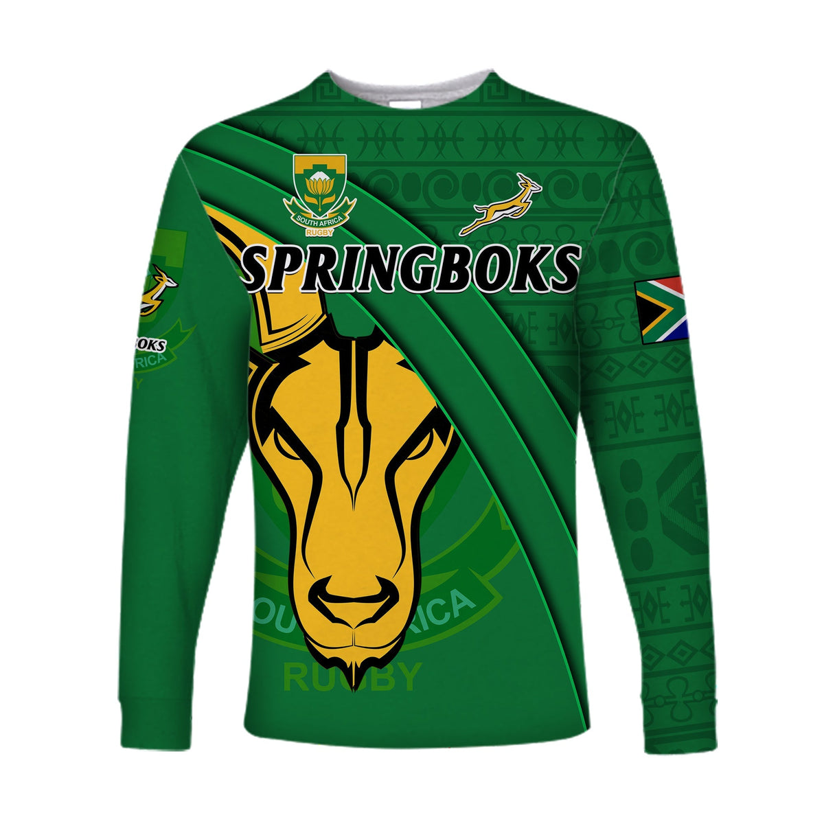 South Africa Rugby Long Sleeve Shirt Bokke Springbok With African Pattern Stronger Together - Wonder Print Shop