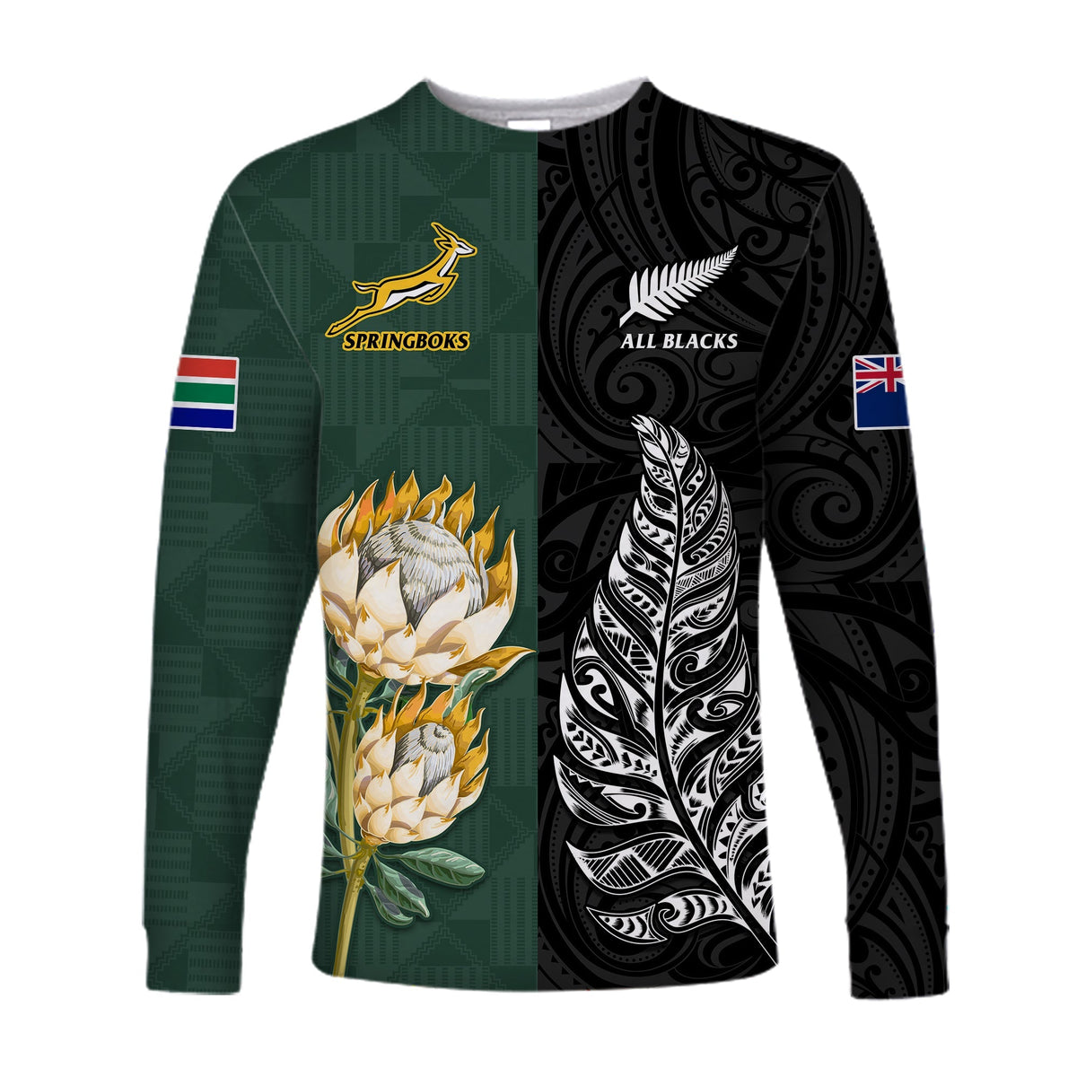 Long-sleeve rugby shirt with green front, black side, gold protea artwork and fern pattern