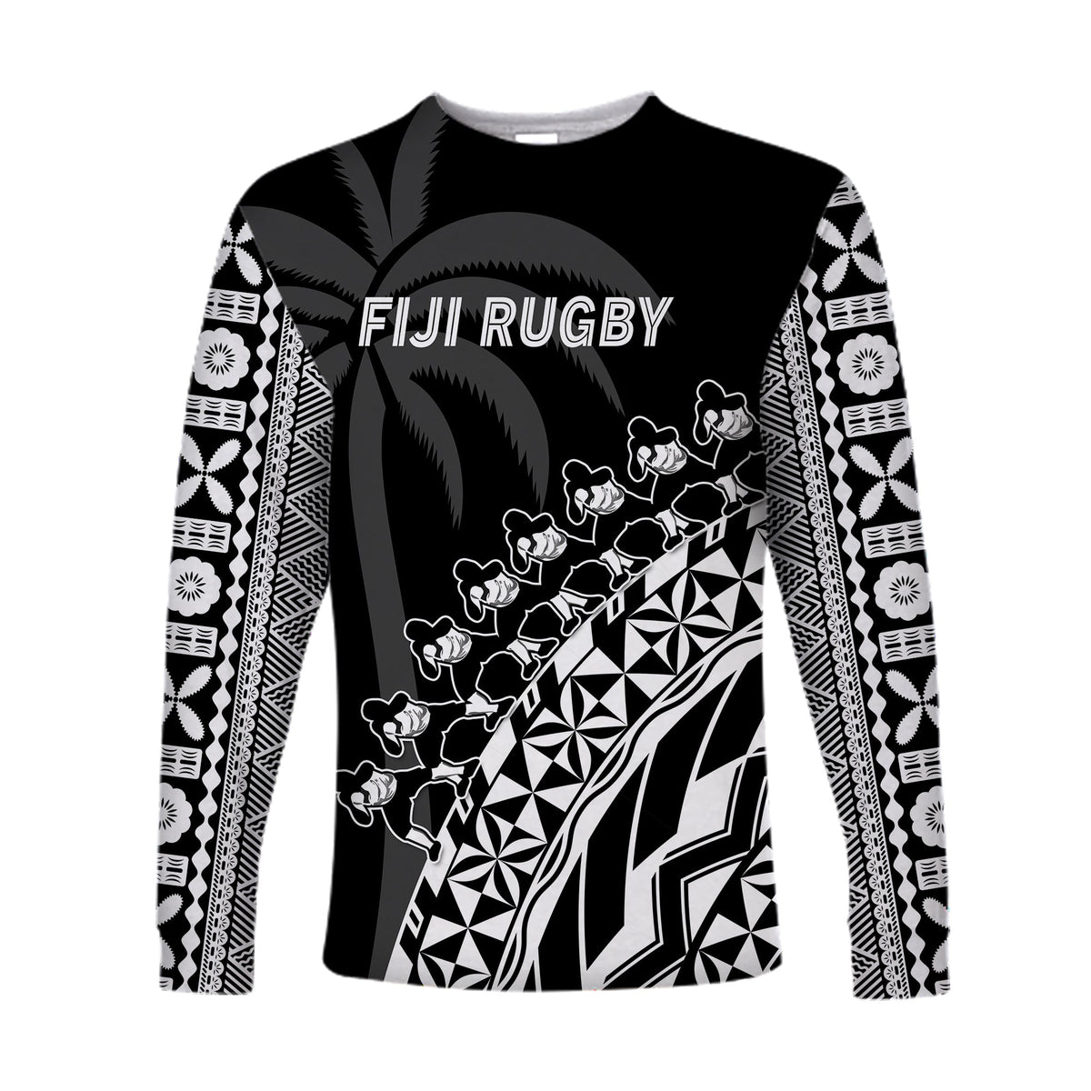Fiji Rugby Long Sleeve Shirt Fijian Cibi Dance Tapa Pattern Black - Wonder Print Shop