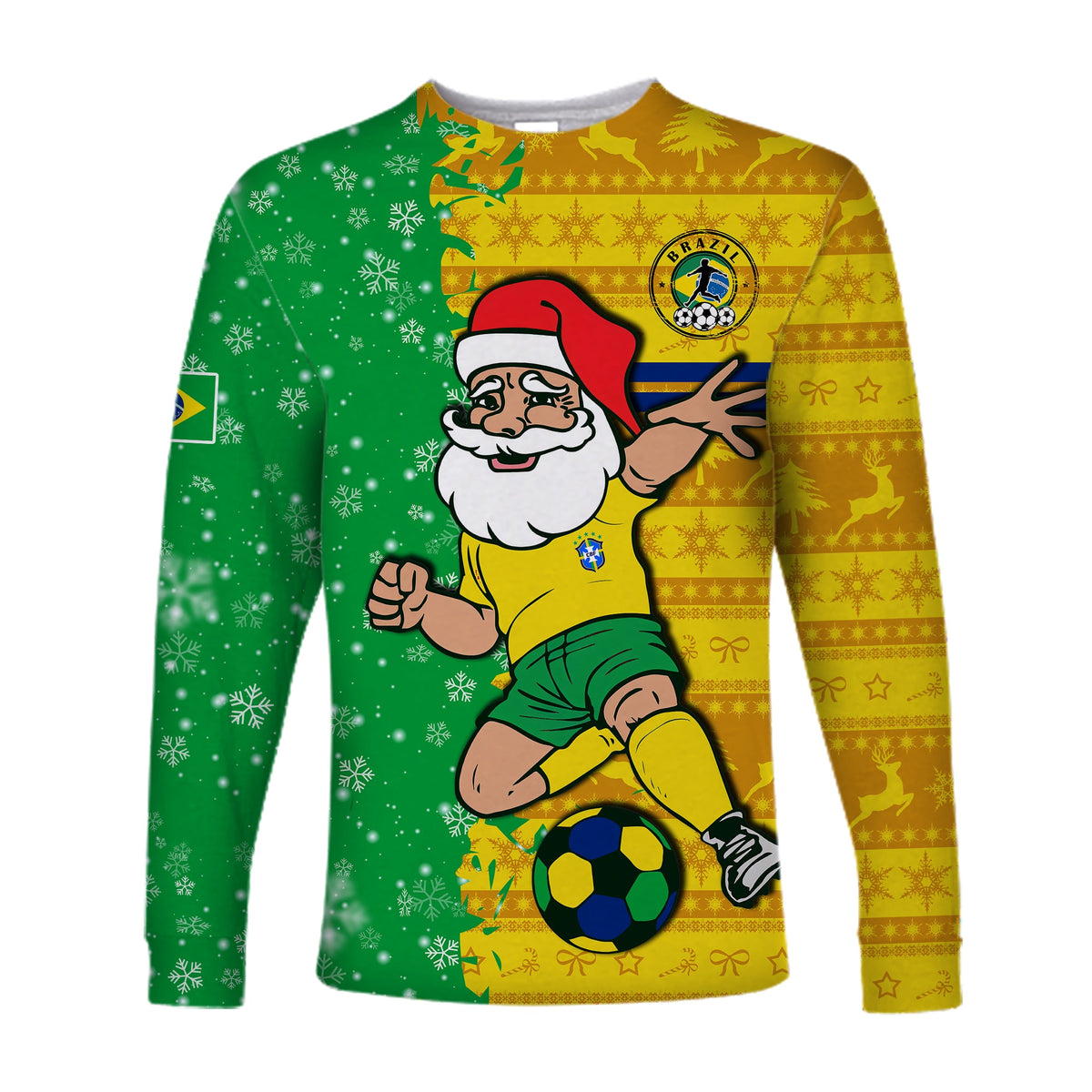 Long sleeve football shirt, green and yellow with Santa holding soccer ball