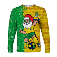 Unisex long sleeve football shirt with Santa graphic, green and yellow panels