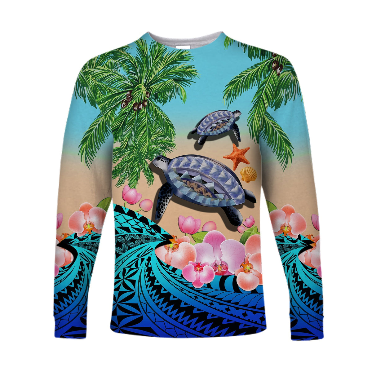 Custom Personalised Polynesian Turtle Coconut Tree And Orchids Long Sleeve Shirt - Wonder Print Shop
