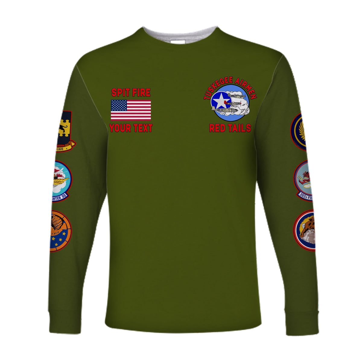 (Custom Personalised) Tuskegee Airmen Long Sleeve Shirt US Military Army Green Red Tails LT13 - Wonder Print Shop