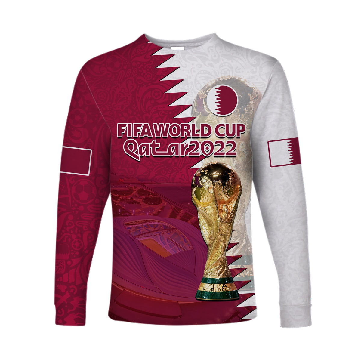 (Custom Text And Number) Qatar Football Long Sleeve Shirt Champions Qatari Al Janoub Stadium WC 2022 - Wonder Print Shop