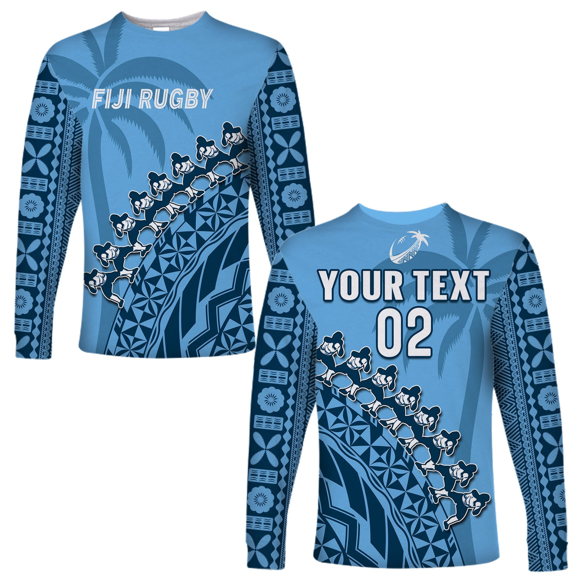 Custom Text And Number Fiji Tapa Rugby Long Sleeve Shirt Fijian Cibi Dance Tapa Pattern Blue - Wonder Print Shop