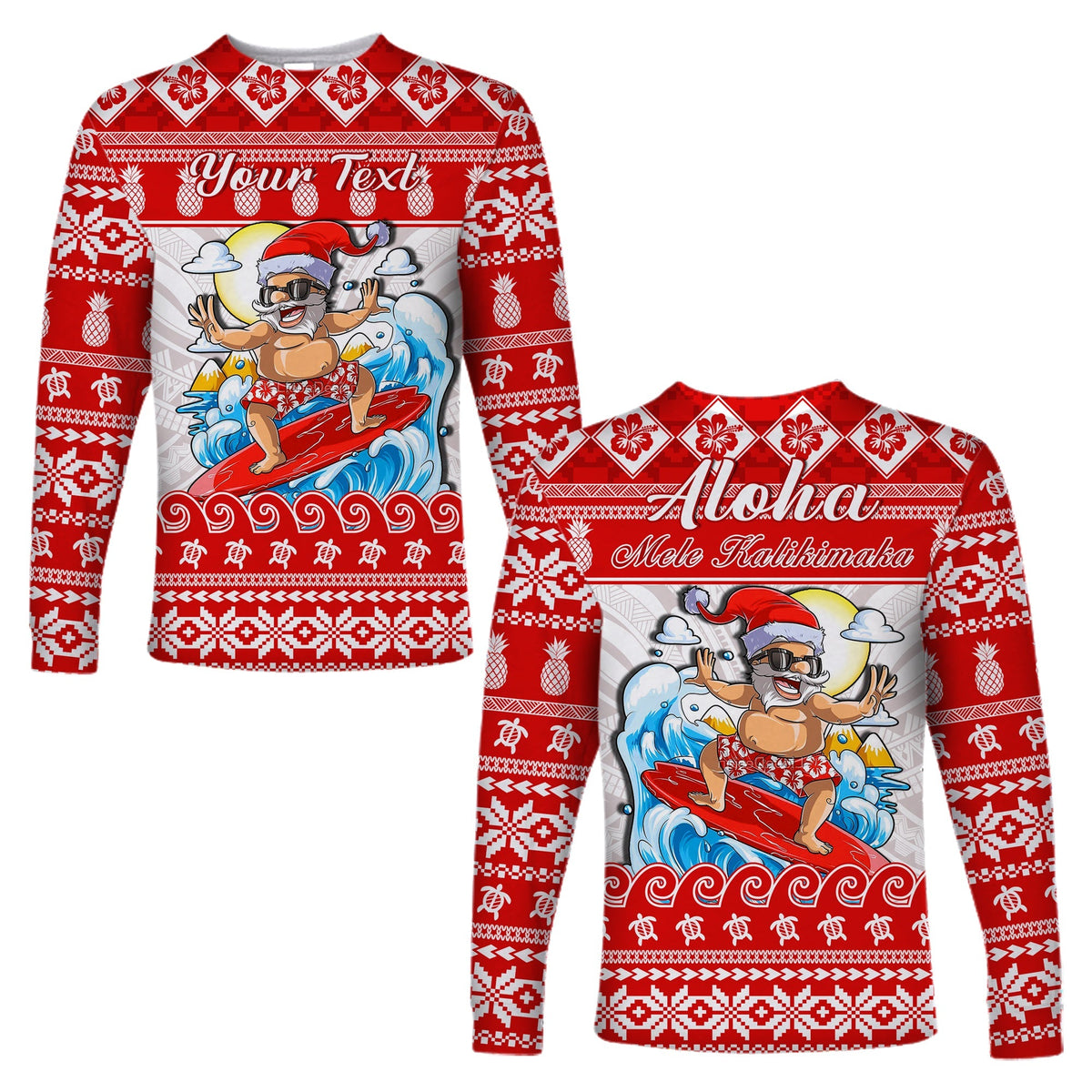 Custom Personalised Hawaii Christmas Long Sleeve Shirt Surfing Santa Mele Kalikimaka Polynesian - Wonder Print Shop