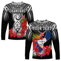 Custom Personalised Guam Chamorro Long Sleeve Shirt Guaman Latte Stone Tropical Flowers Black Style - Wonder Print Shop