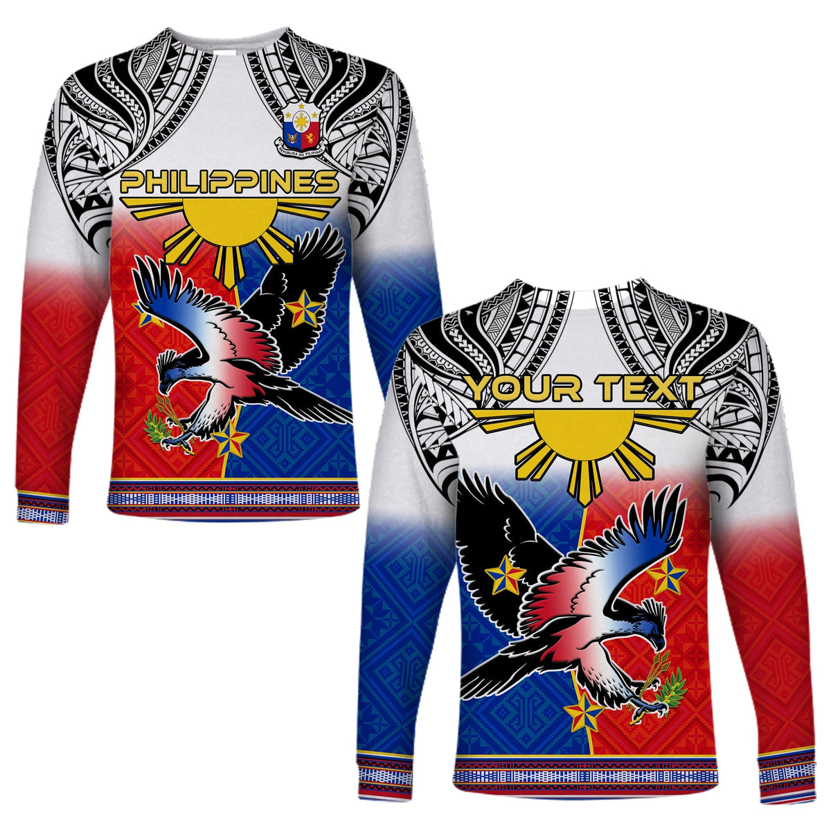 Custom Personalised Philippines Long Sleeve Shirt Polynesian Filipino Pattern With Eagle - Wonder Print Shop