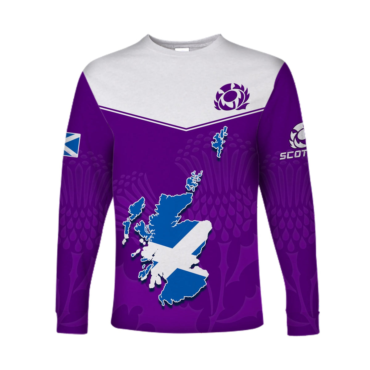 (Custom Personalised) Scottish Rugby Long Sleeve Shirt Map Of Scotland Thistle Purple Version - Wonder Print Shop