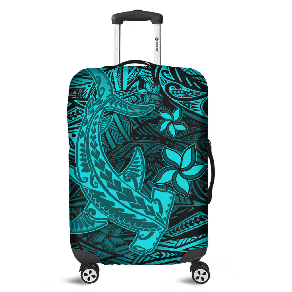 Polynesian Luggage Cover Turquoise Hawaiian Tribal Hammerhead Shark - Wonder Print Shop