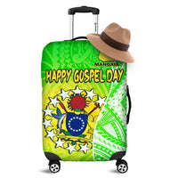 Green luggage cover: 'Happy Gospel Day' Polynesian coat of arms pattern