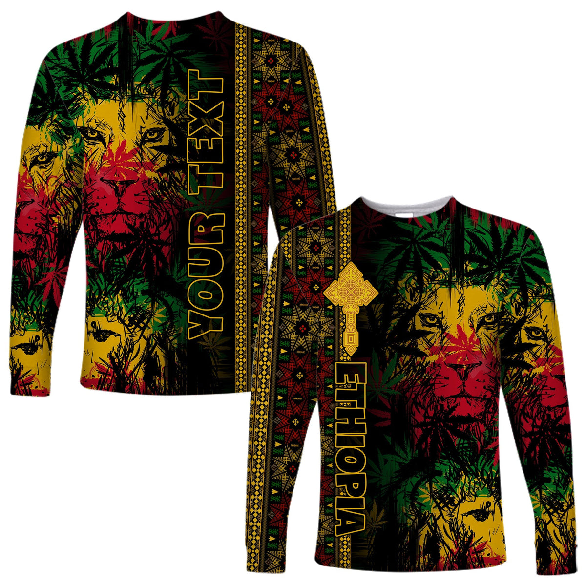 (Custom Personalised) Ethiopia Lion Reggae Long Sleeve Shirt Ethiopian Cross LT13 - Wonder Print Shop
