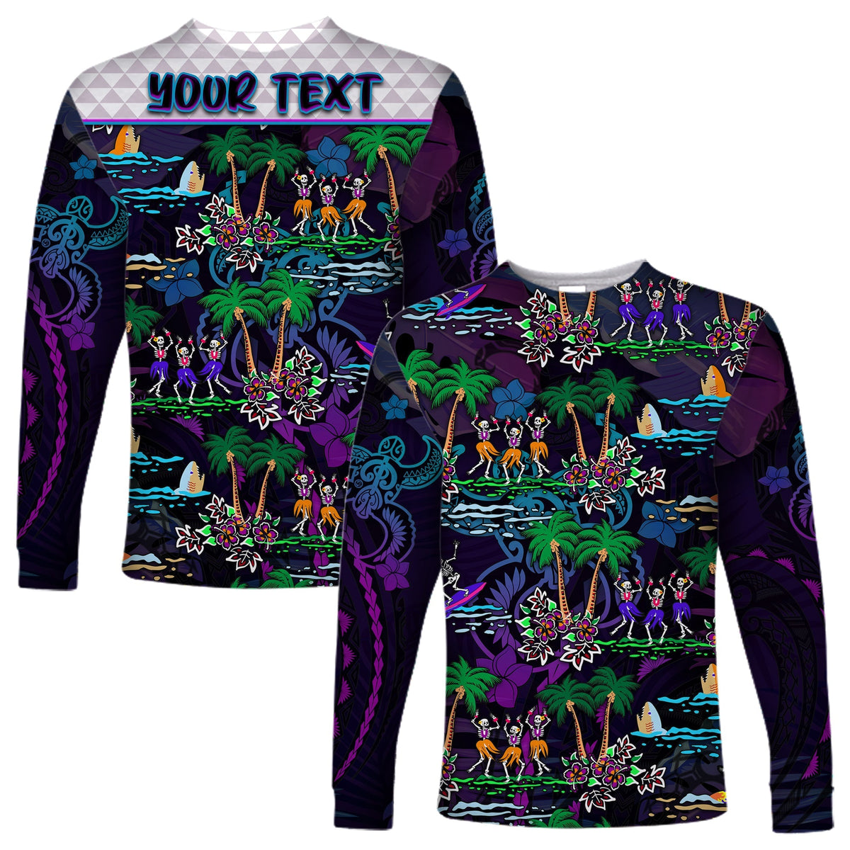 Custom Personalised Hawaii Skeleton Dancing Long Sleeve Shirt Halloween Hawaiian Turtle LT13 - Wonder Print Shop