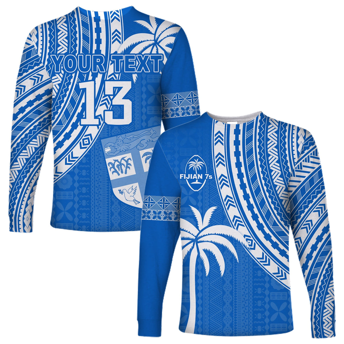 Custom Text and Number Fiji Rugby Sevens Long Sleeve Shirt Fijian 7s Tapa Polynesian Blue Ver.01 LT13 - Wonder Print Shop