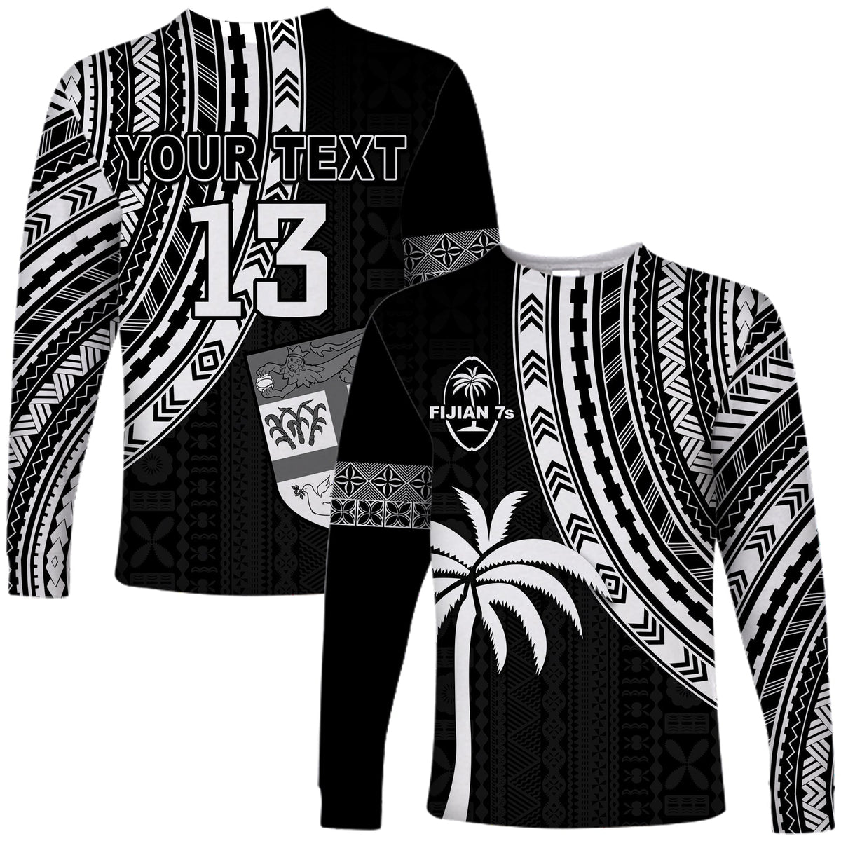 Custom Text and Number Fiji Rugby Sevens Long Sleeve Shirt Fijian 7s Tapa Polynesian LT13 - Wonder Print Shop