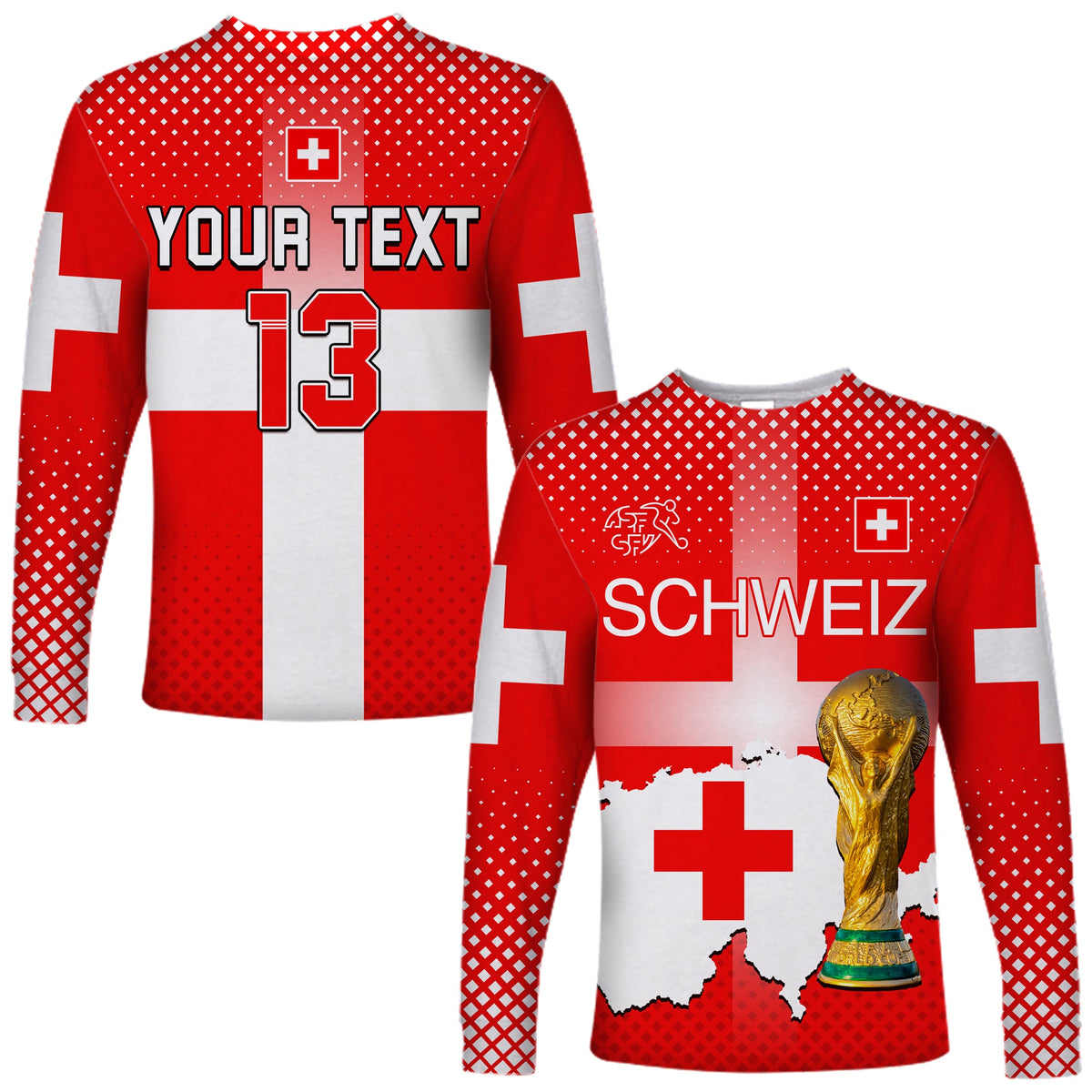 (Custom Text and Number) Switzerland Football Long Sleeve Shirt Schweizer Pati Champion 2022 World Cup LT13 - Wonder Print Shop
