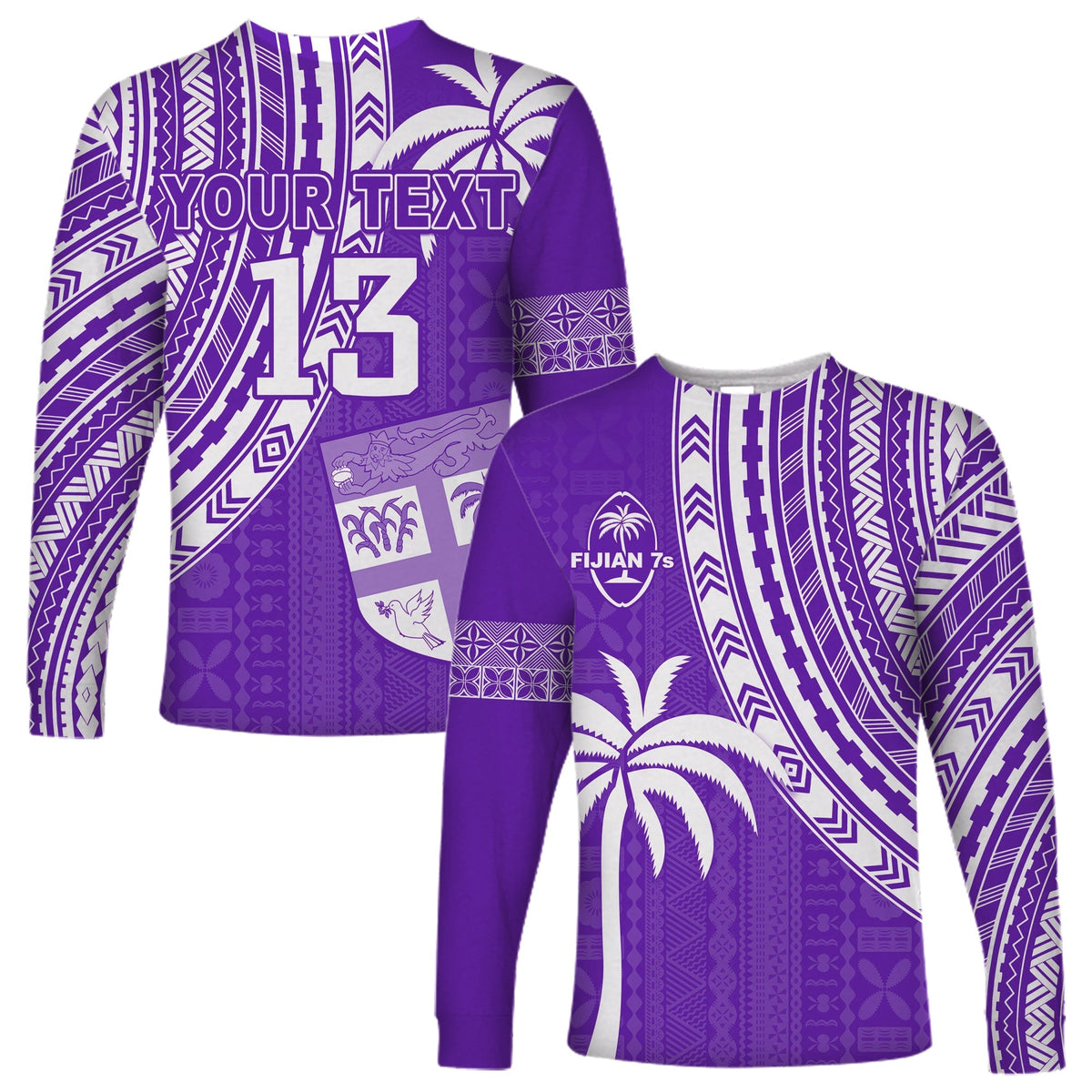 Custom Text and Number Fiji Rugby Sevens Long Sleeve Shirt Fijian 7s Tapa Polynesian Purple LT13 - Wonder Print Shop