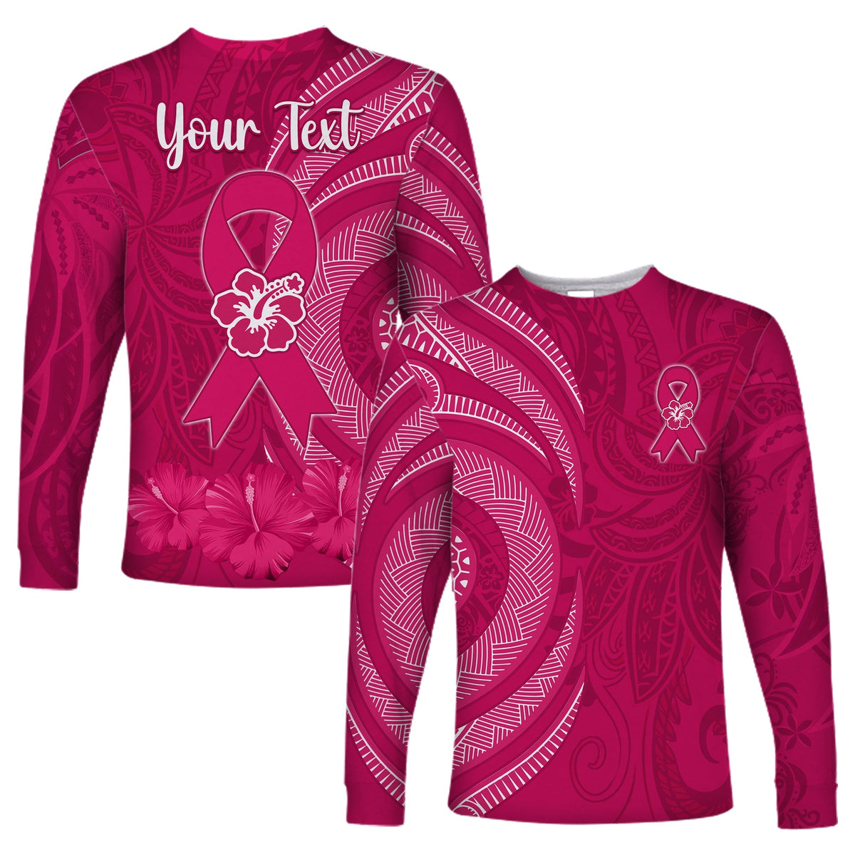 Custom Personalised Breast Cancer Awareness Long Sleeve Shirt Hibiscus Polynesian No One Fights Alone LT13 - Wonder Print Shop