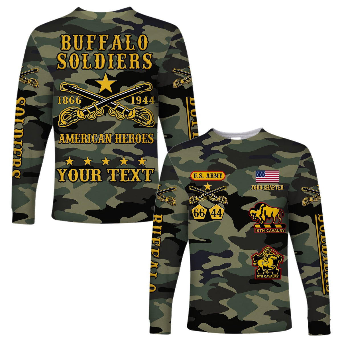 (Custom Text and Chapter) Buffalo Soldiers Long Sleeve Shirt Camouflage American Heroes BSMC LT13 - Wonder Print Shop