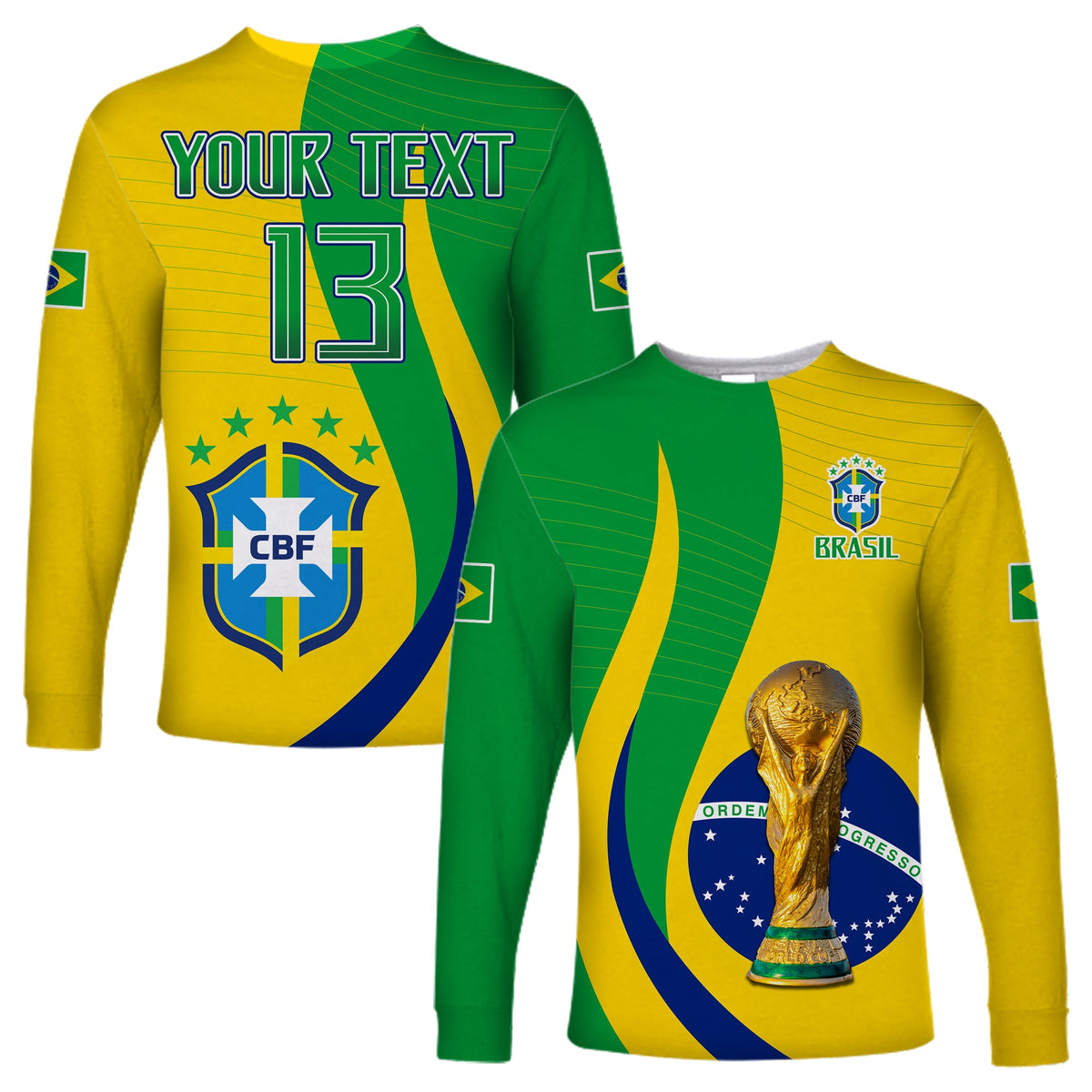 (Custom Text and Number) Brazil Football Champions Long Sleeve Shirt Selecao Style Vibe LT13 - Wonder Print Shop