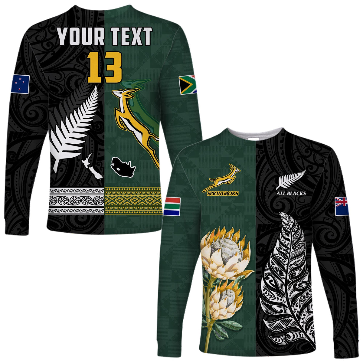 Custom Text and Number South Africa Protea and New Zealand Fern Long Sleeve Shirt Rugby Go Springboks vs All Black LT13 - Wonder Print Shop