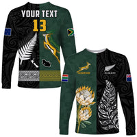 Long-sleeve rugby shirt in green/black with YOUR TEXT and number 13, team emblems