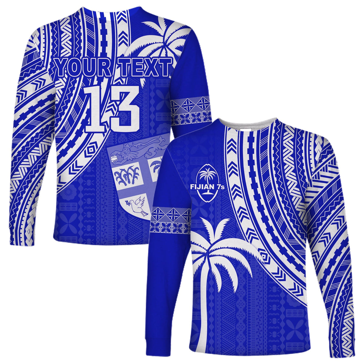 Custom Text and Number Fiji Rugby Sevens Long Sleeve Shirt Fijian 7s Tapa Polynesian Blue Ver.02 LT13 - Wonder Print Shop