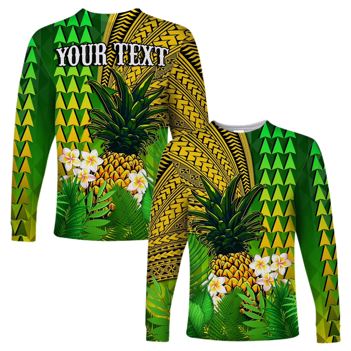 (Custom Personalised) Hawaii Pineapple Long Sleeve Shirt Plumeria Frangipani Mix Tribal Pattern LT13 - Wonder Print Shop