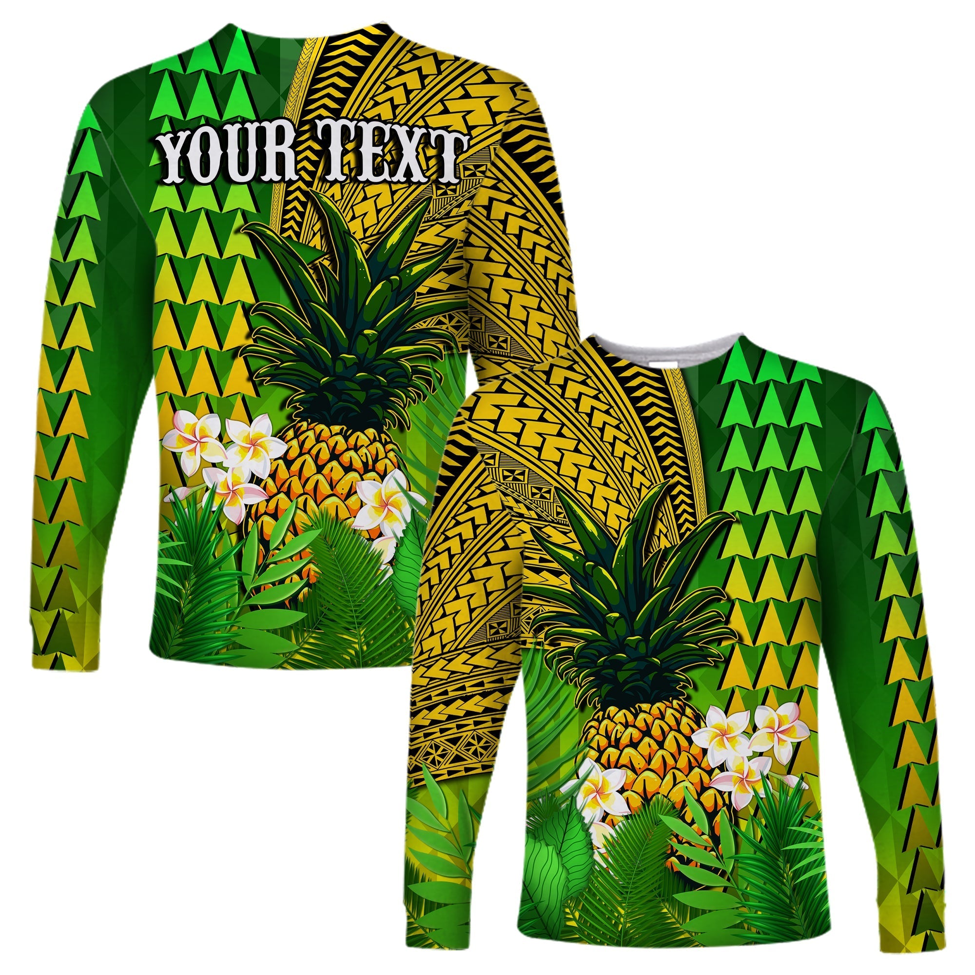 (Custom Personalised) Hawaii Pineapple Long Sleeve Shirt Plumeria Frangipani Mix Tribal Pattern LT13 - Wonder Print Shop