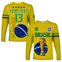 Brazil yellow long sleeve football shirt with custom text 'YOUR TEXT', number 13, crest