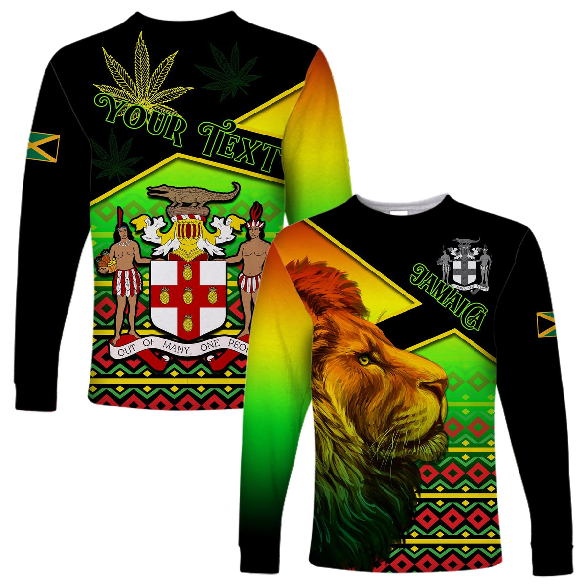 (Custom Personalised) Jamaica Lion Long Sleeve Shirt Jamaican Pattern Version Reggae Colors LT13 - Wonder Print Shop