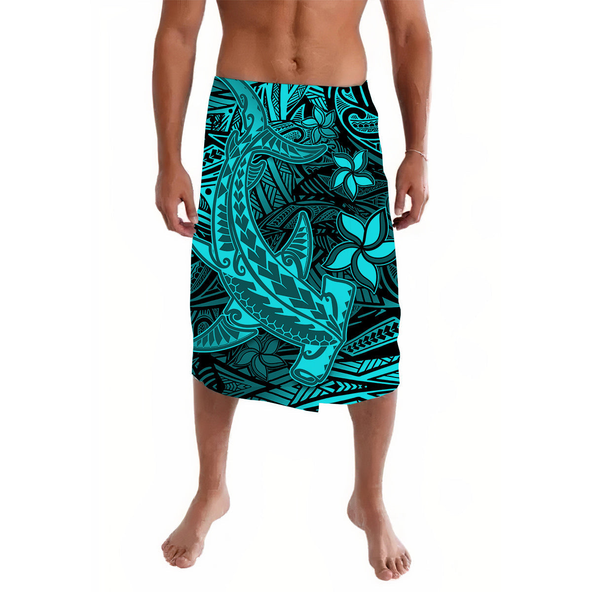 Polynesian Lavalava Turquoise Hawaiian Tribal Hammerhead Shark - Wonder Print Shop