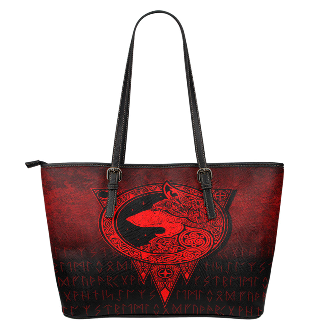 Viking Leather Tote Viking Norse Wolf Red Version Leather Tote RLT12 - Wonder Print Shop