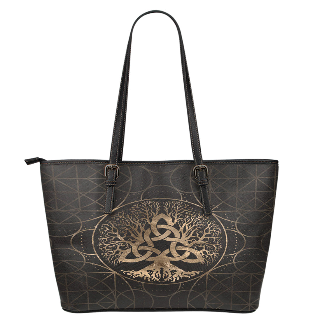 Viking Leather Tote Tree Of Life Yggdrasil with Triquetra Leather Tote RLT12 - Wonder Print Shop
