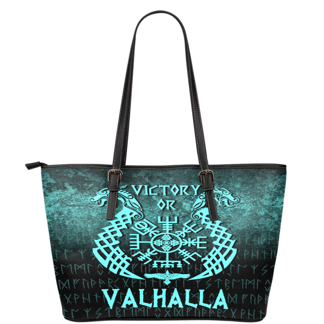 Wonder Print Shop Leather Tote - Victory or Valhalla - Cyan Version Leather Tote RLT12 - Wonder Print Shop