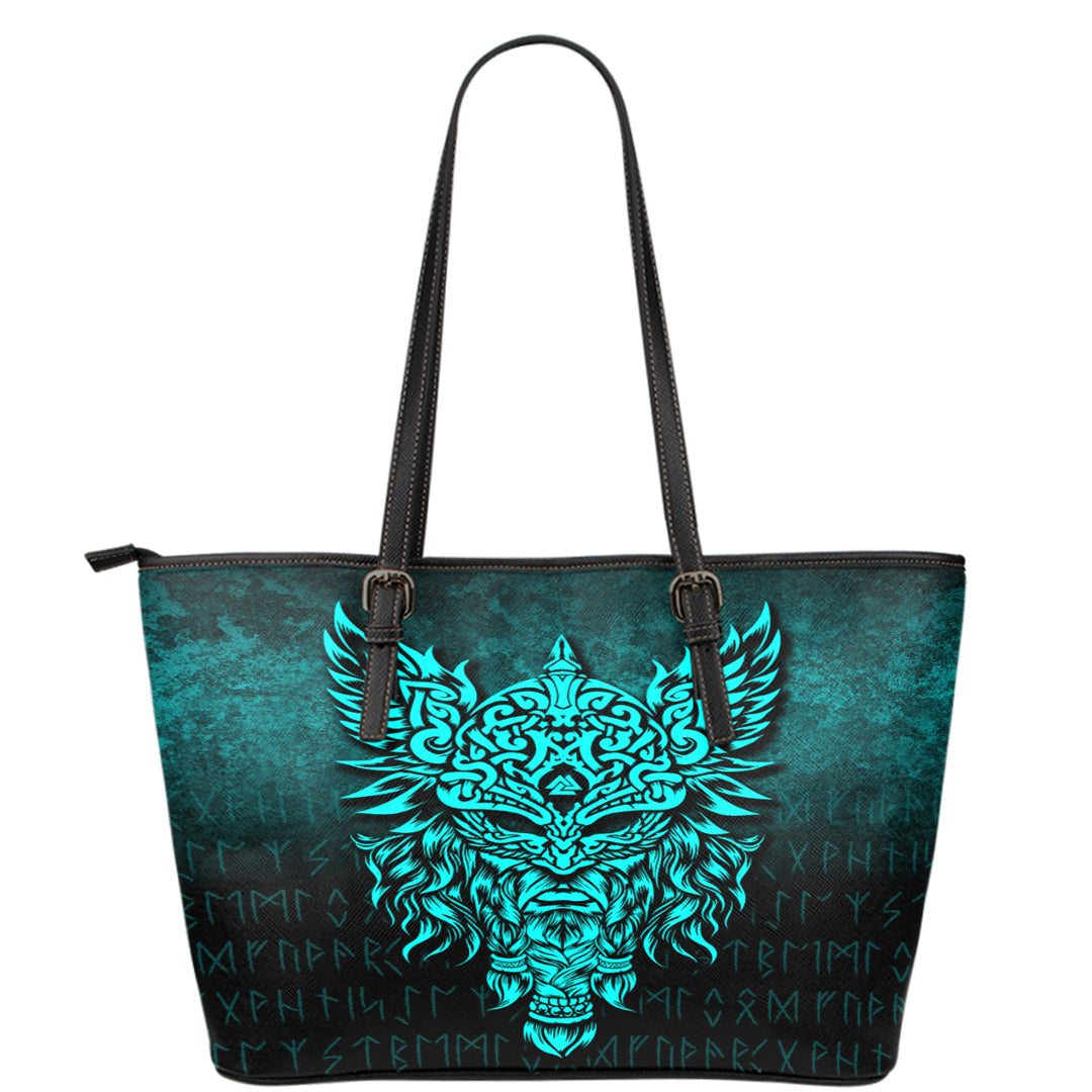 Viking Leather Tote Odin The Allfather Asgard God and Chief Of Aesir Cyan Version Leather Tote RLT12 - Wonder Print Shop