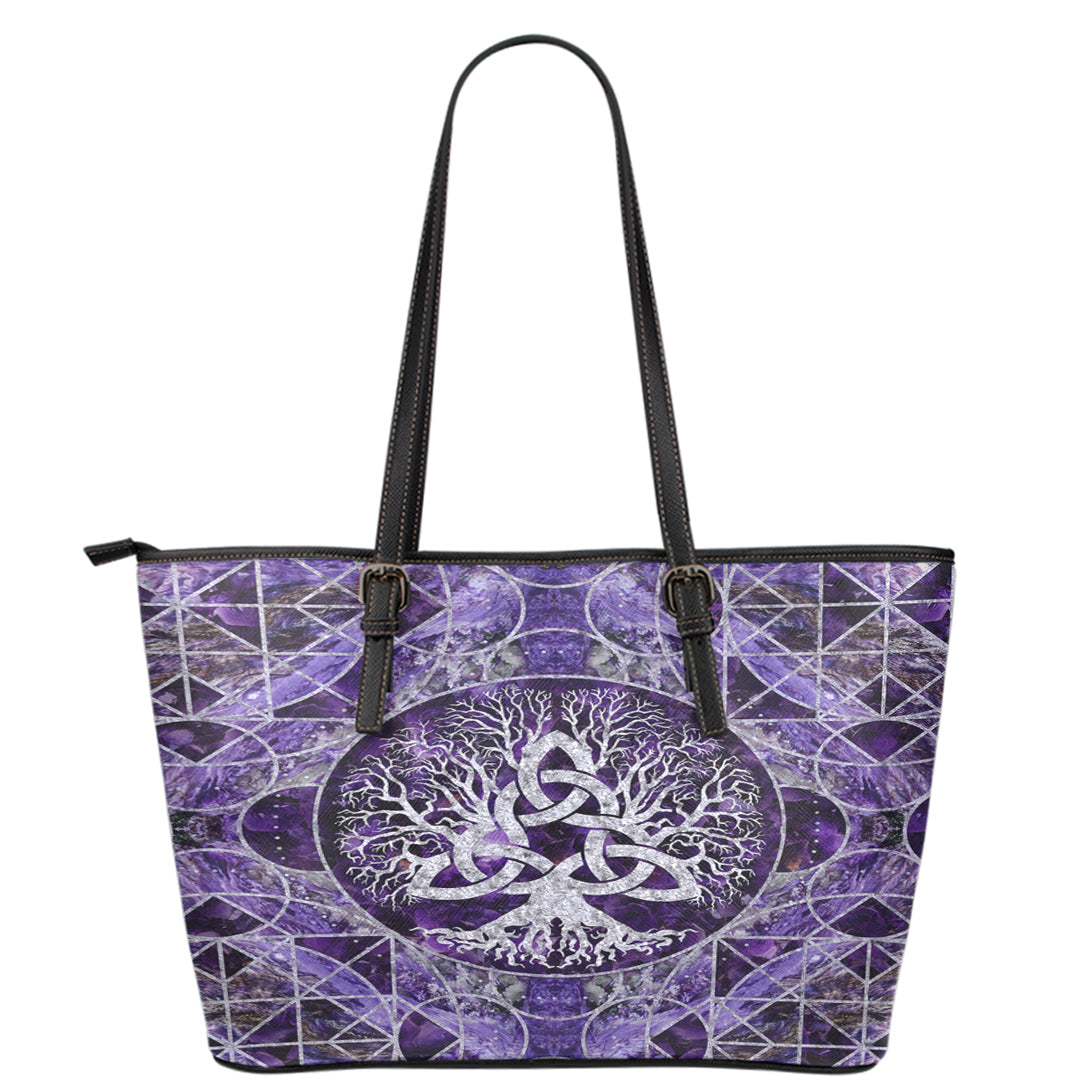 Viking Leather Tote Tree Of Life with Triquetra Amethyst and Silver Leather Tote RLT12 - Wonder Print Shop