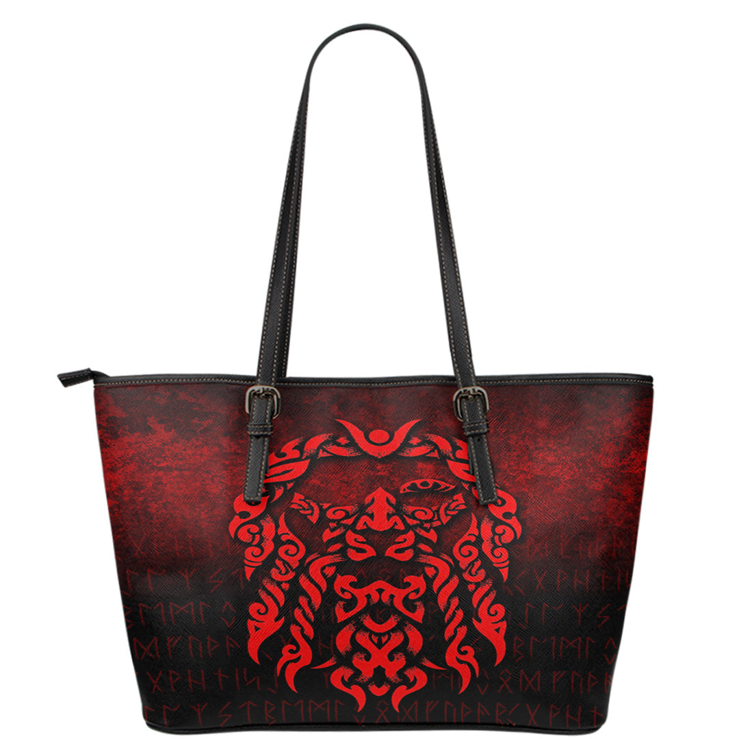 Viking Leather Tote Viking God Odin Allfather In Asgard Raven God Red Version Leather Tote RLT12 - Wonder Print Shop